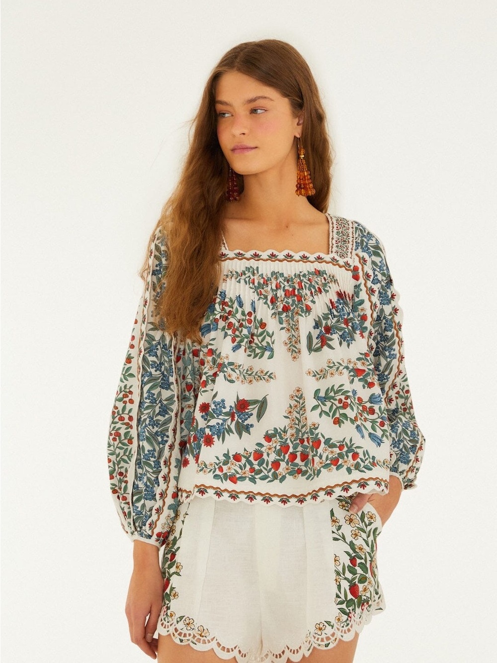 Farm Rio Off-White Fruit Beauty Scarf Long Sleeve Blouse - Size XS - NWT